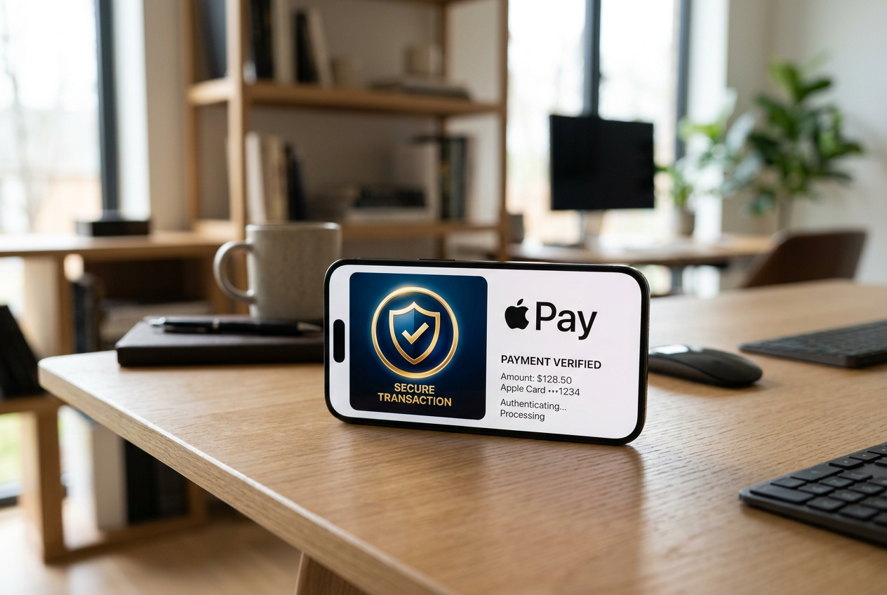 Ασφαλής συναλλαγή Apple Pay με εικονίδιο προστασίας.